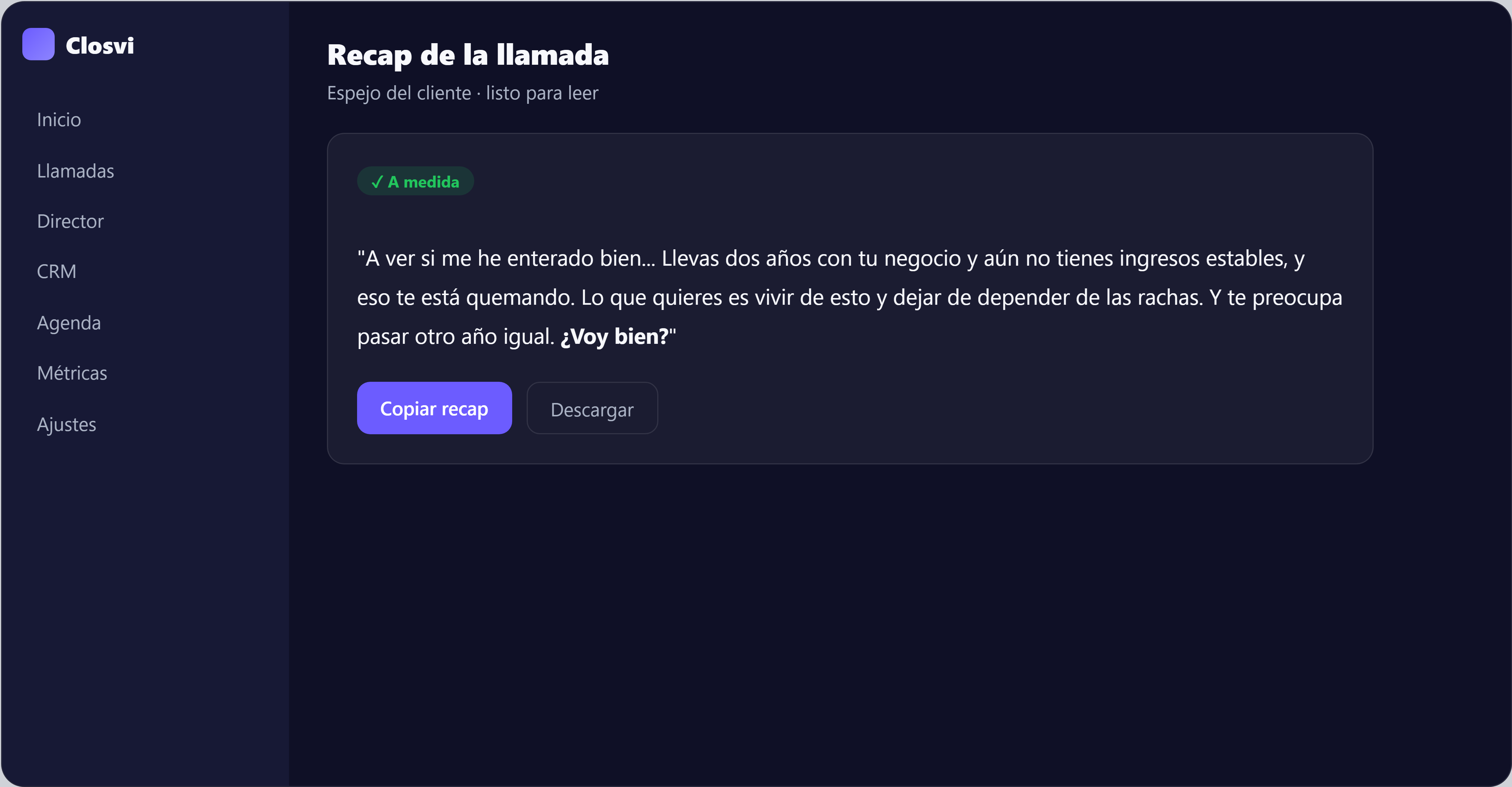 Recap de la llamada en Closvi
